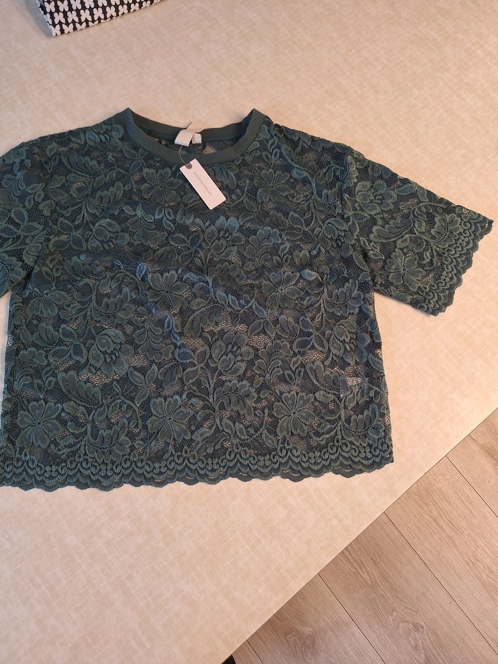 Anthropologie Teal Floral Lace Short-Sleeve Top - Picture 2 of 5